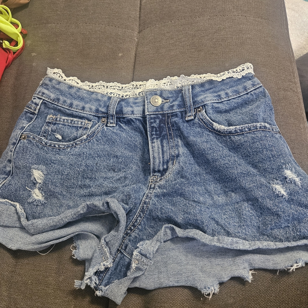 Lace-Trim High-Waist Denim Shorts - Blue